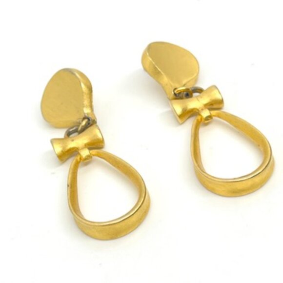 VINTAGE 80S 90S BRUSHED GOLD GEOMETRIC HOOP TEARDROP EARRINGS MODERNIST - Picture 11 of 15